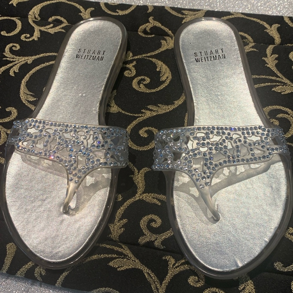 STUART WEITZMAN transparent Jelly/Silver Flat Thong  flip flop Sandals Size 6